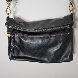 Margot Mickey Double Zip Fold Over Crossbody Bag Black Pebbled Leather